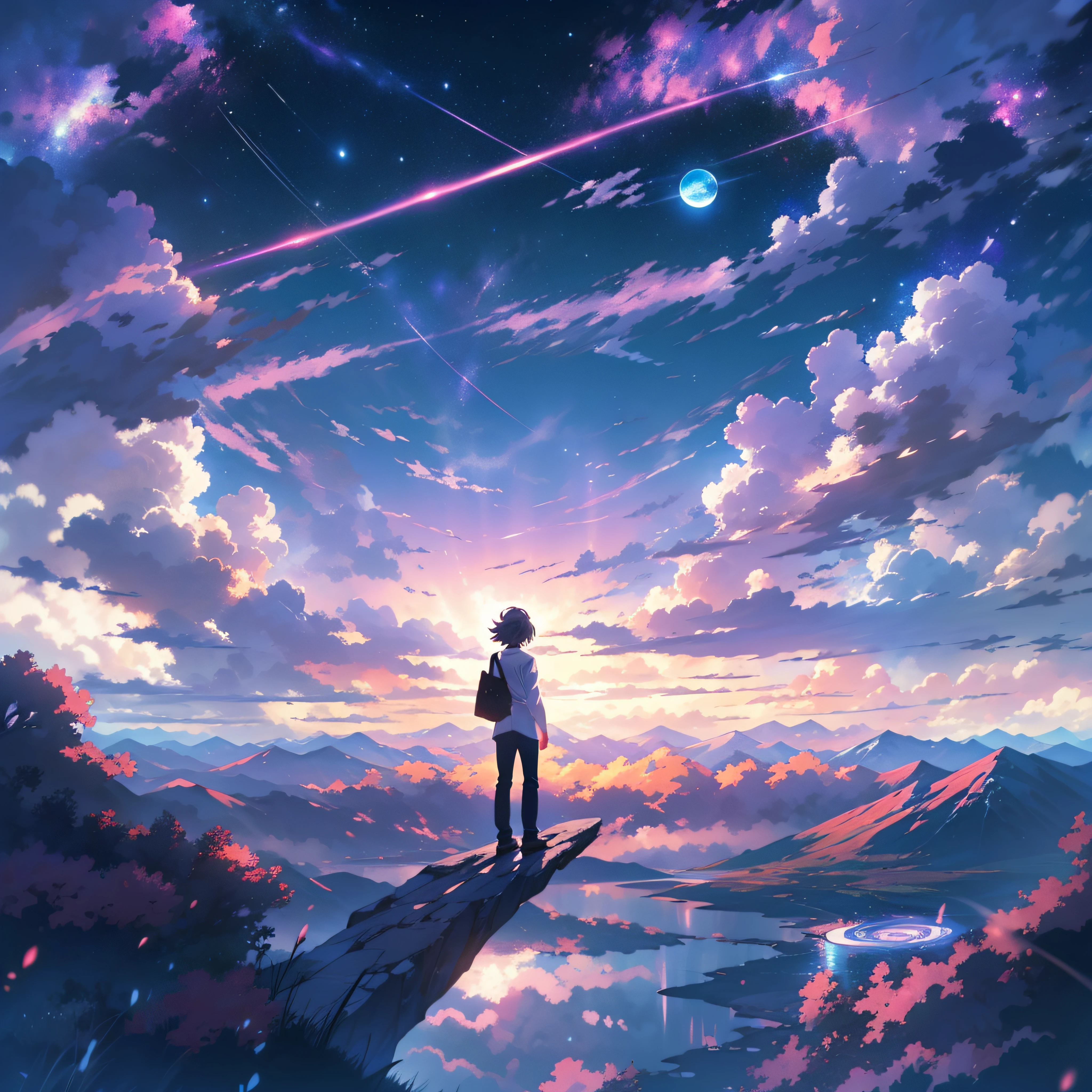 Anime - Stil Szene eines wunderschönen Himmels mit einem Stern und einem Planeten, kosmischer Himmel. von Makoto Shinkai, Anime-Kunst-Hintergrundbild 4k, Meteor Fall, Anime-Kunst-Tapete 4k, Anime-Kunst-Tapete 8 K, Anime-Hintergrundbild 4k, Anime-Tapete 4k, 4K-Anime-Hintergrundbild, Anime Himmel, tolle Tapete, Anime-Hintergrund, Anime-Hintergrund art, Betrachtung, Quantenübergang, weißes Hemd, schwarze Jeans, auf dem Gipfel des Berges, Blickfang.