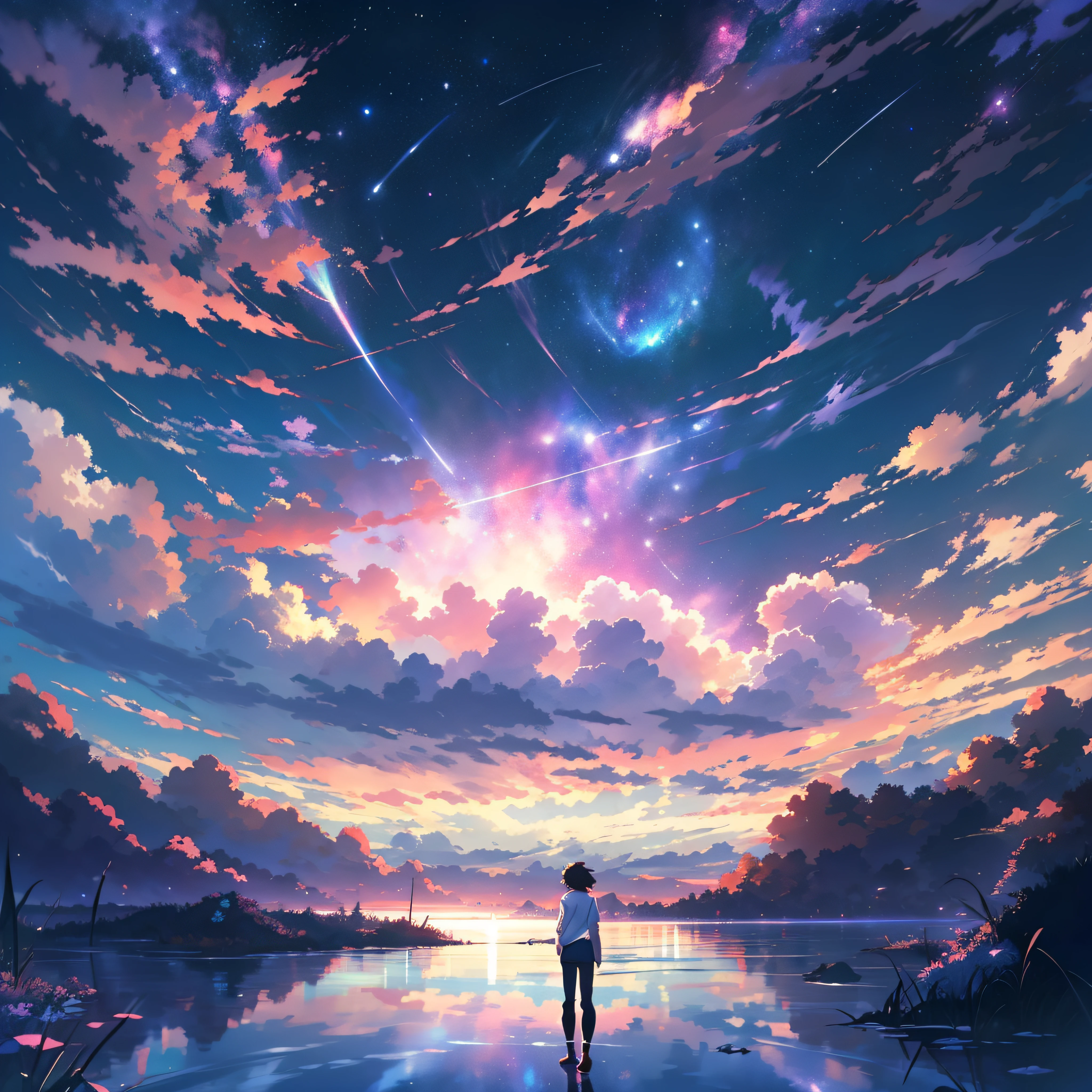 anime - escena de estilo de un hermoso cielo con una estrella y un planeta, cielos cósmicos. por Makoto Shinkai, fondo de pantalla de arte anime 4k, meteor fall, Fondo de pantalla de arte anime 4K, fondo de pantalla de arte anime 8 K, fondo de pantalla animado 4k, fondo de pantalla animado 4k, Fondo de pantalla animado 4K, cielo animado, increíble fondo de pantalla, fondo animado, fondo animado art, reflexión, transición cuántica, Camisa blanca, jeans negros, en la cima de la montaña, llamativo.