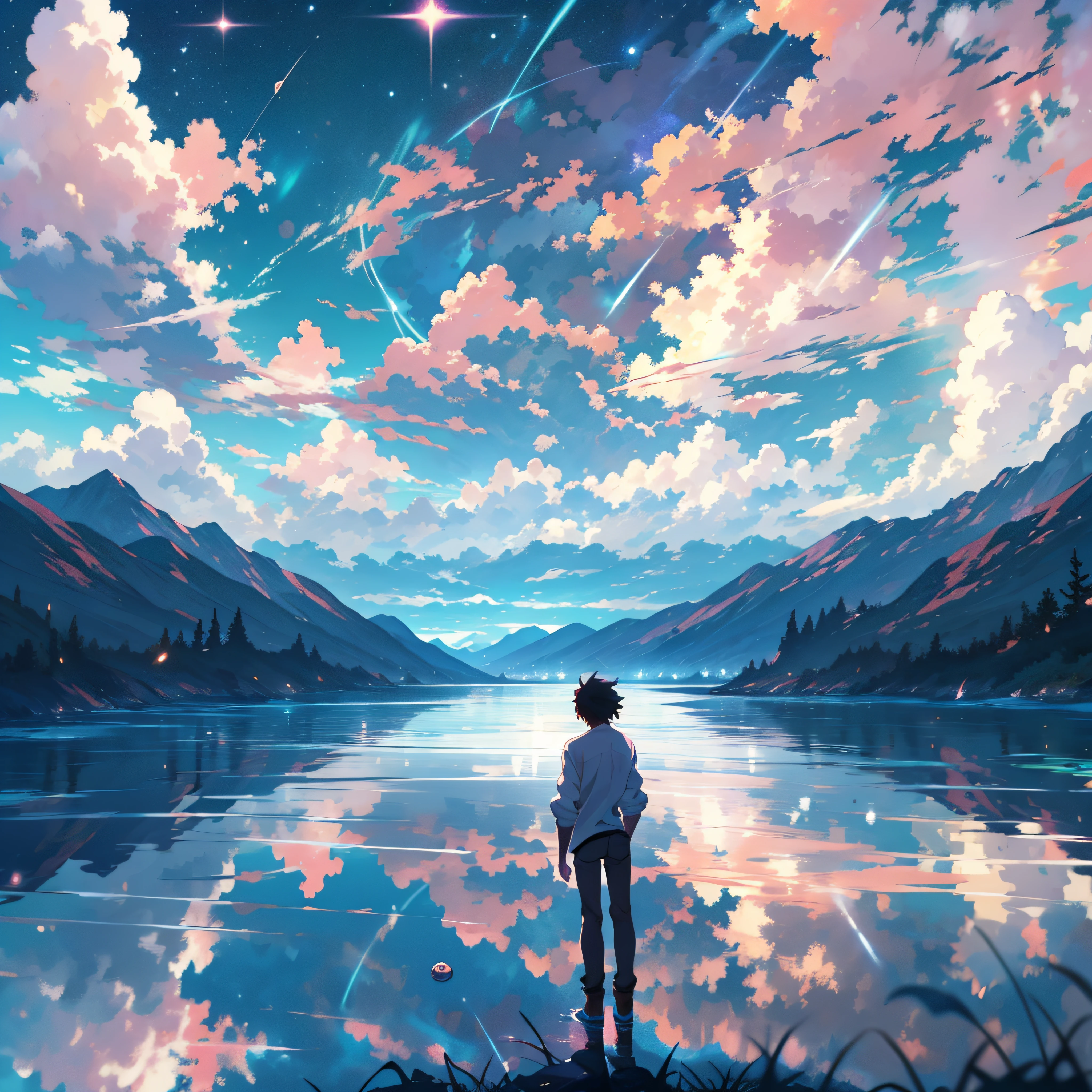 anime - cena estilo de um lindo céu com uma estrela e um planeta, céus cósmicos. por Makoto Shinkai, Papel de parede de arte anime 4k, queda de meteoro, papel de parede de arte de anime 4k, papel de parede de arte de anime 8k, papel de parede de anime 4K, papel de parede de anime 4k, Papel de parede de anime 4K, céu de anime, papel de parede incrível, Fundo de anime, Fundo de anime art, reflexão, transição quântica, camisa branca, calça preta, no topo da montanha, atraente.