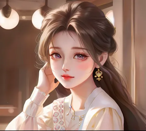 there is a woman with long hair and earrings posing for a picture, with cute - fine - face, Cute natural anime face, cute beautiful, girl cute-fine face, cute delicate face, portrait cute-fine-face, adorable digital art, Kawaii realistic portrait, Young an...