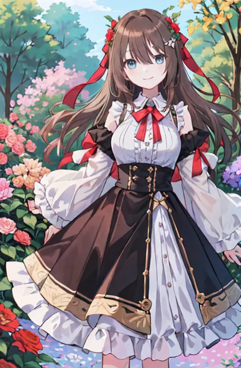(​masterpiece、top-quality、illustratio、Extremely high quality、high-level image quality、Extremely sensitive writing)Girl with brown hair standing in beautiful flowery garden、A slight smile、She has a large bouquet、Cute national costume style dress with ruffle...