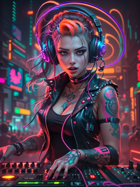 Colorful, hyper-realistic , cyberpunk, Psychedelic  female DJ , unlimited energy, full of passion,  wearing vampire clothes integrated with modern cyberpunk dj costumes, complete with headphones and mic, tattooed cleavage, tattooed arms.  DJ musical instru...