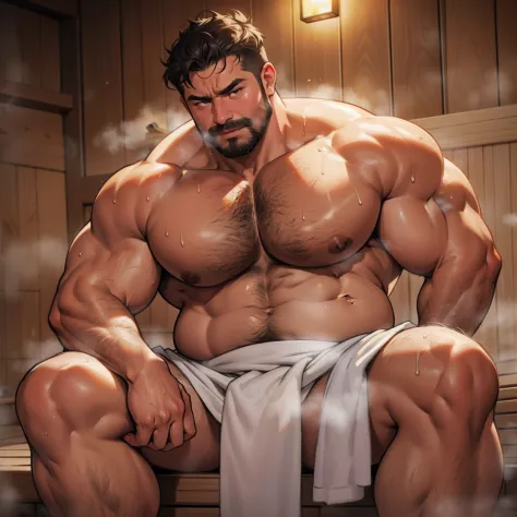 Fat uncle sweating in sauna,barechested,Fat Man,I have a big stomach,Face is large,A dark-haired,mustache,Body hair is thick,Wearing a towel around your waist,Sweating a lot,the body is wet and dripping,,Facial expressions that endure pain,Wooden sauna roo...