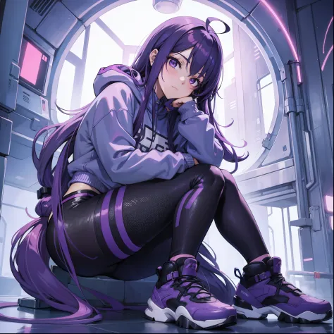 Anime girl, purple hair, cyberpunk, leggings, sneakers, sexy, skinny, tight sweatshirt