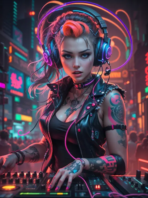 Colorful, hyper-realistic , cyberpunk, Psychedelic  female DJ , unlimited energy, full of passion,  wearing vampire clothes inte...