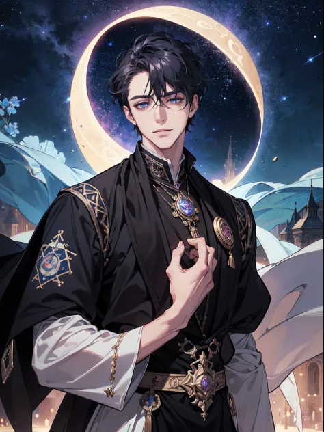 (absurdres, highres, ultra detailed), 1 male, adult, handsome, finely detailed eyes and detailed face, night sky, the moon \taro...