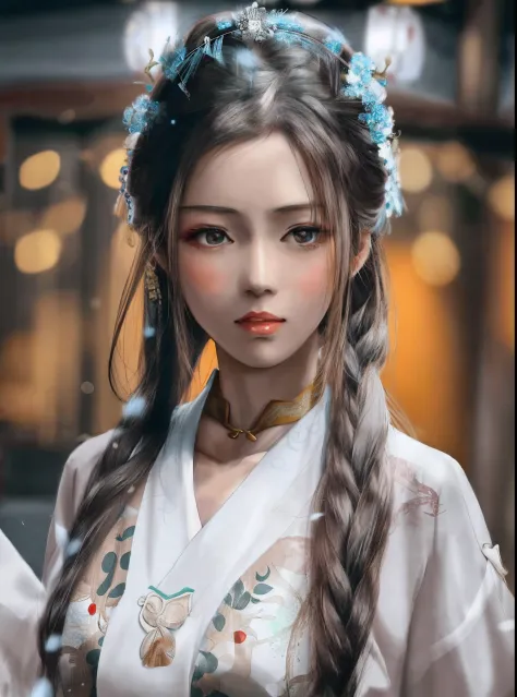 Arakfi Asian woman，long whitr hair，Wearing a white dress and blue flowers, Palace ， A girl in Hanfu, Hanfu, White Hanfu, Chinese...