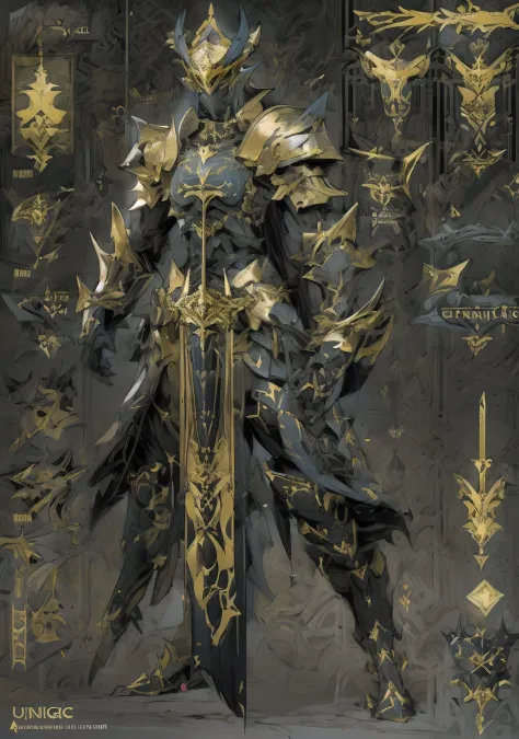 Design a layout showcase Gameing Character, a Warrior. Golden+Black armor, stylish and unique. Detailed huge sword. (masterpiece:1.2), (best quality), 4k, ultra-detailed, (dynamic composition: 1.4), Step by step design, layout art,(luminous lighting, atmospheric lighting), gloomy, magical, (((glove full hands))),