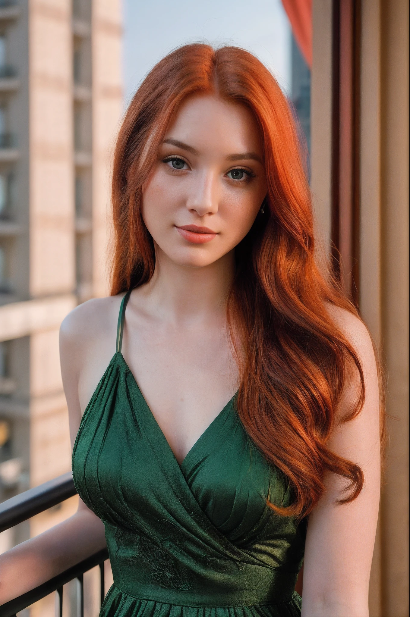 A close up of a woman with long red hair wearing a green dress