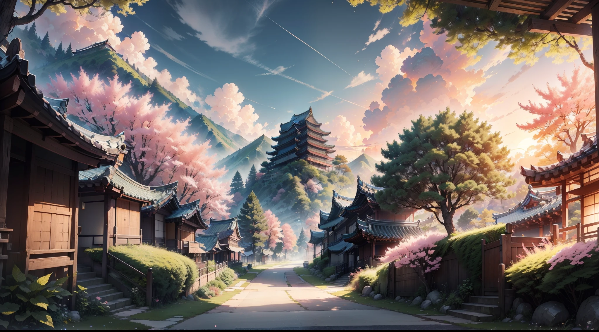 Korea，Korean-style architecture，Street view，fashion sense，Korean，Sunset sun，nice detailed sky，Illustration style，Avant-garde art，Street vista，green trees，fresh flowers，high high quality，higher details，View in the distance