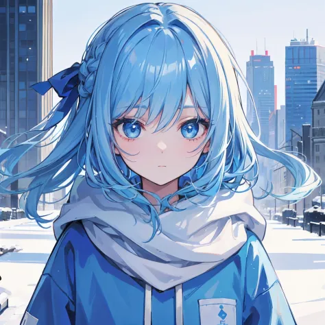 1girl, with light blue hair and blue eyes, wearing a hair ribbon and a blue and white hoodie. The scene is set in winter, with the girl looking directly at the viewer. This image can be used as a profile picture.City background