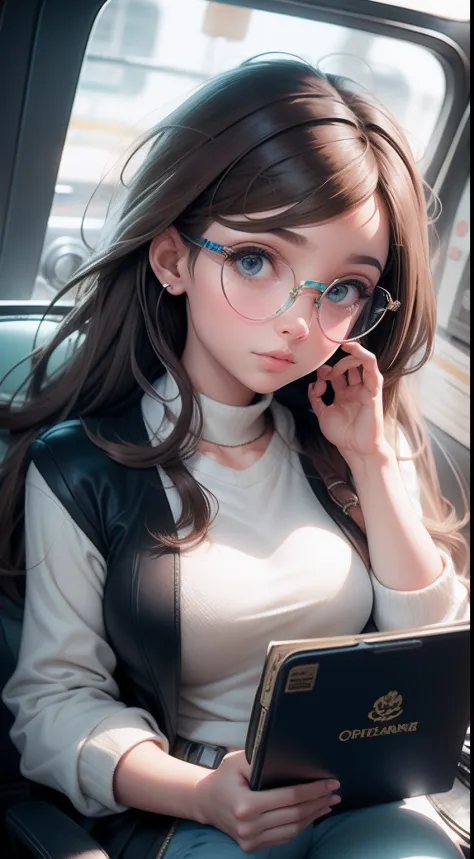 White girl with brown hair and white glasses, author：Alejandro Bourdicio