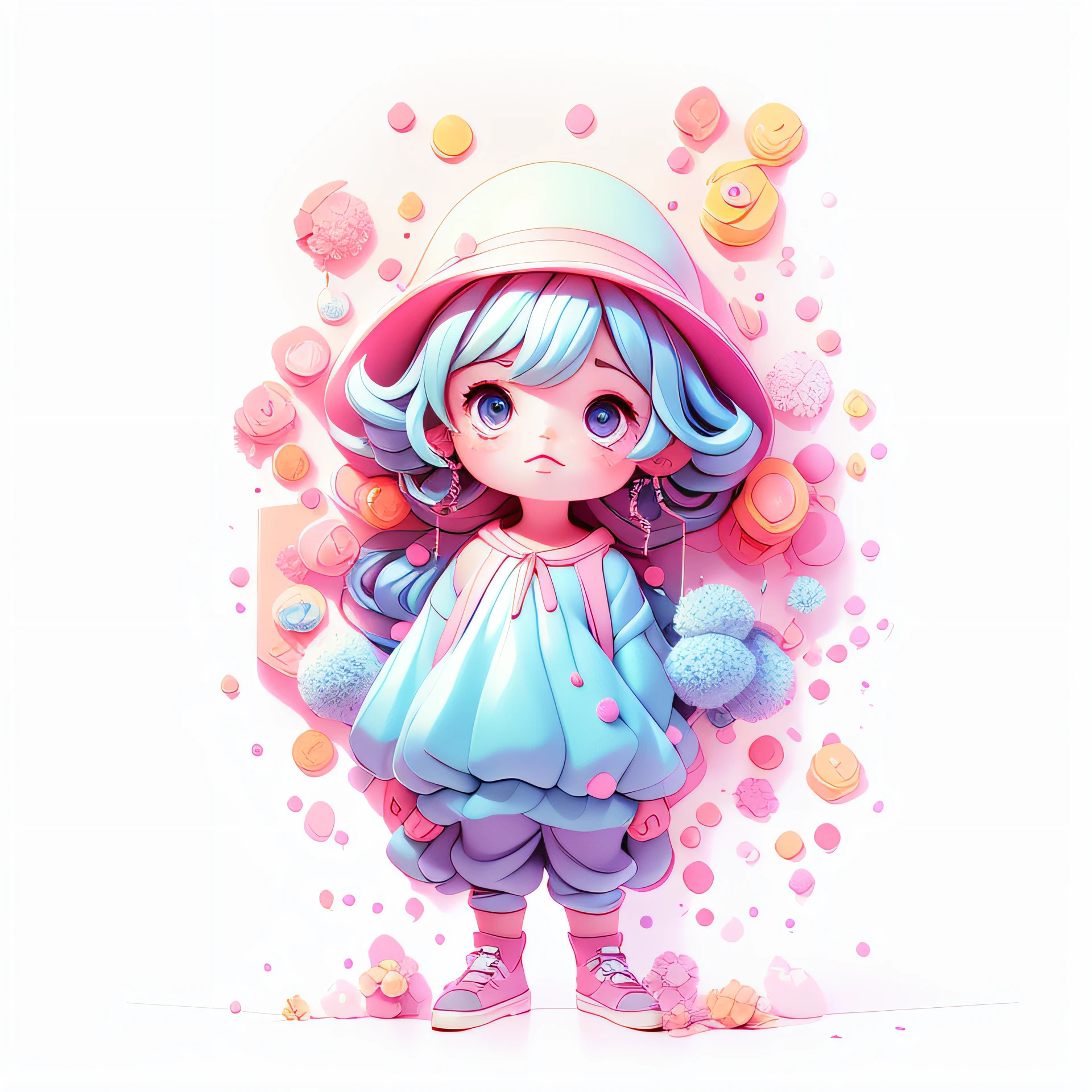 Q version 3D long hair, blue hair, pink clothes, round face