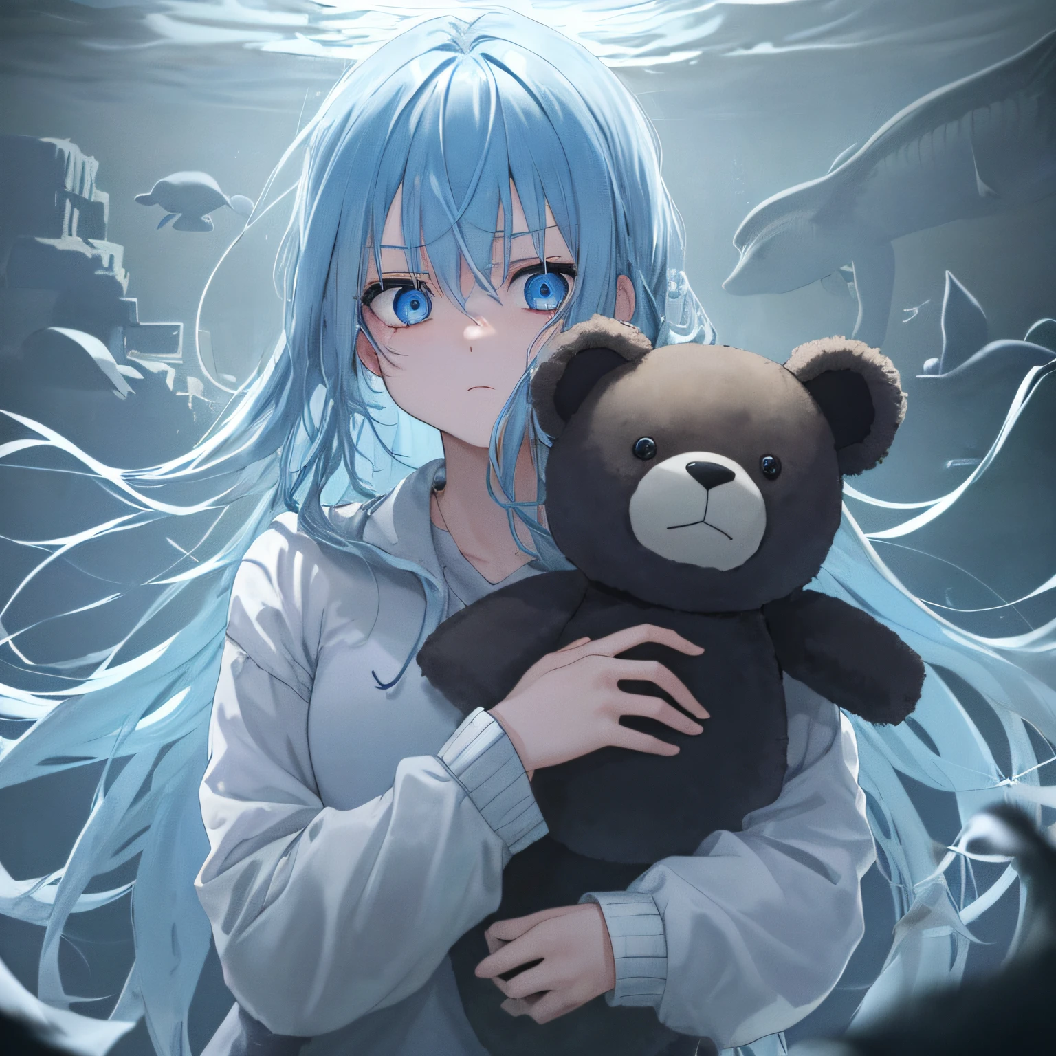 1girll, Light blue hair, Blue eyes, (cowboy_Shot:1.2), Face focus, Long hair, side locks, Scared,(terrified:1.1) , holding teddy bear, Atmospheric lighting, Moody, Darkness, Being under the ocean，Giant whales surround，Dusty, Post-apocalypse, masterful, Beautiful 8k wallpaper, Extremely detailed, iintricate。