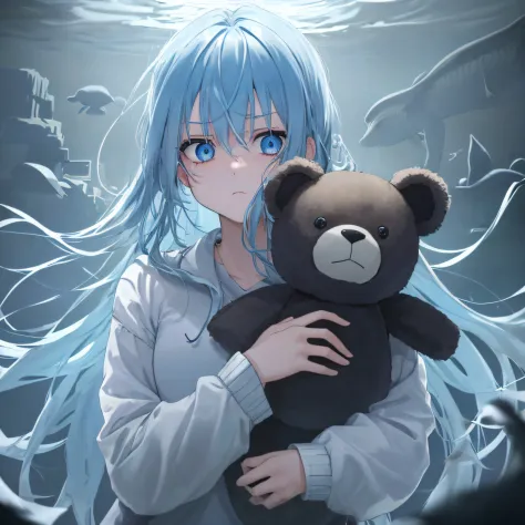 1girll, light blue hair, blue eyes, (cowboy_shot:1.2), face focus, long hair, side locks, scared,(terrified:1.1) , holding teddy...