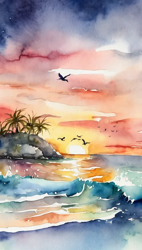 An imaginative watercolor rendition of the ocean at sunset, Where colors mix and flow, Capture the magical atmosphere of dusk.
Descriptive keywords: Imaginative sunsets, Color mixing, Ocean magic, Watercolor atmosphere, Twilight inspiration.
Camera type: W...
