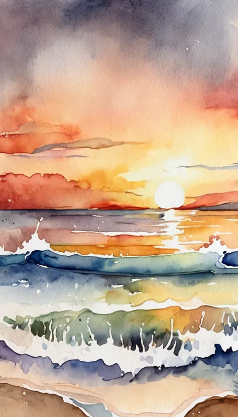 An imaginative watercolor rendition of the ocean at sunset, Where colors mix and flow, Capture the magical atmosphere of dusk.
Descriptive keywords: Imaginative sunsets, Color mixing, Ocean magic, Watercolor atmosphere, Twilight inspiration.
Camera type: W...