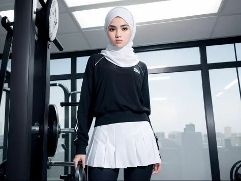 White pleated Skirt with long leggings inside, oversized modest jersey, neat outfit, 2 teenage malay girl with hijab, realistic, professional photography with professional lighting setting, gym background,
