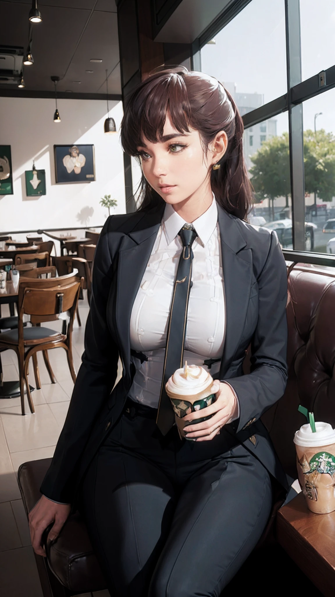 (((beautiful))), dolla, formal outfit, business suit, office working dress, huge breasts,(((shiny skin))), ((intricate details)), hdr, ((intricate details, hyperdetailed)), cinematic shot, (((sitting in cafe, enjoying starbucks))), vignette, art by alphonso mucha