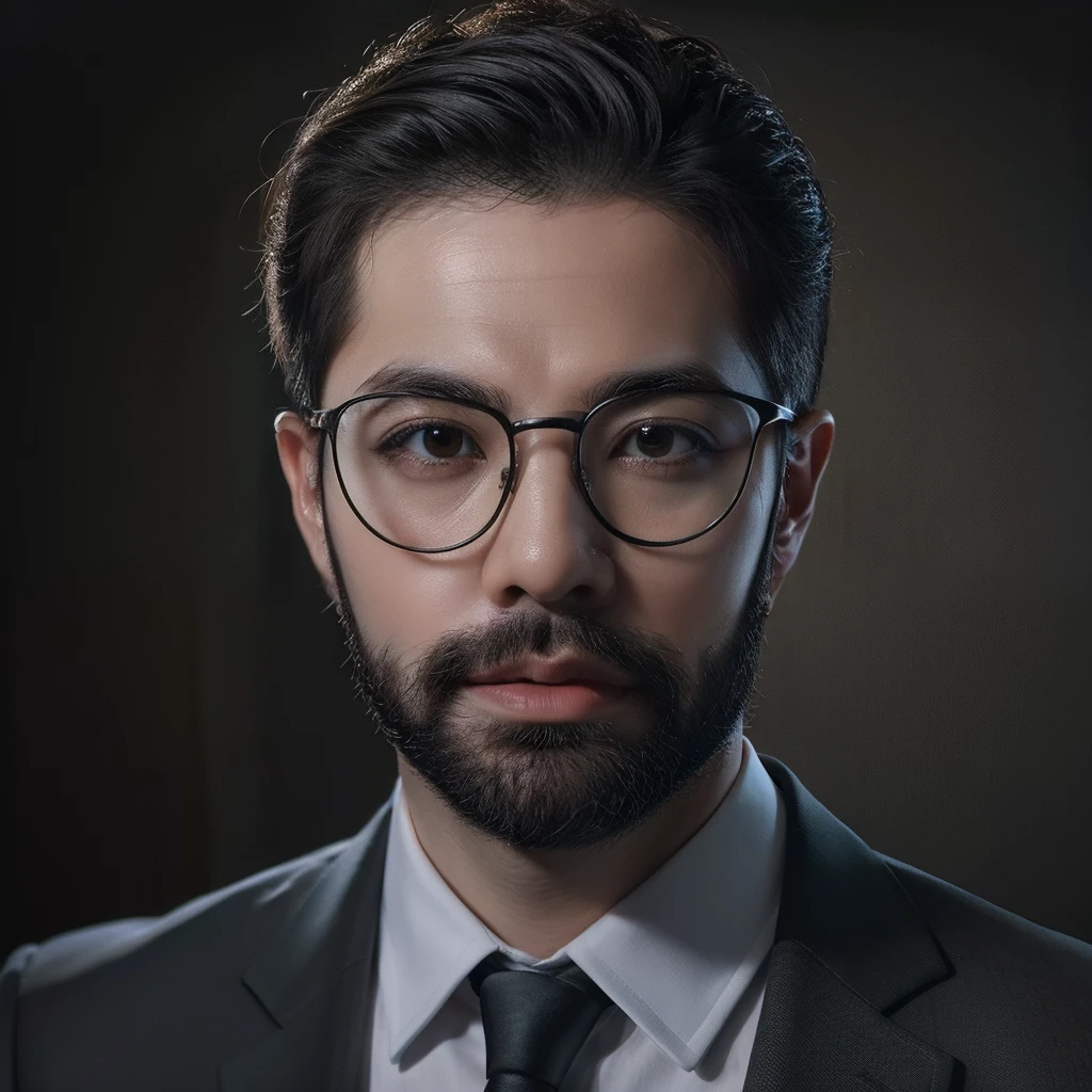 Man in black-framed glasses and bearded suit and tie staring into the camera, cinematic headshot portrait, Retrato promocional, Retrato de um homem em um terno, Retrato headshot, retrato profissional hd, homem bonito, retrato profissional close-up, sharp looking portrait, Foto de perfil do headshot, foto de perfil profissional, foto de closeup profissional, retrato headshot do personagem, retrato de alta qualidade, professional headshot, Retrato Corporativo