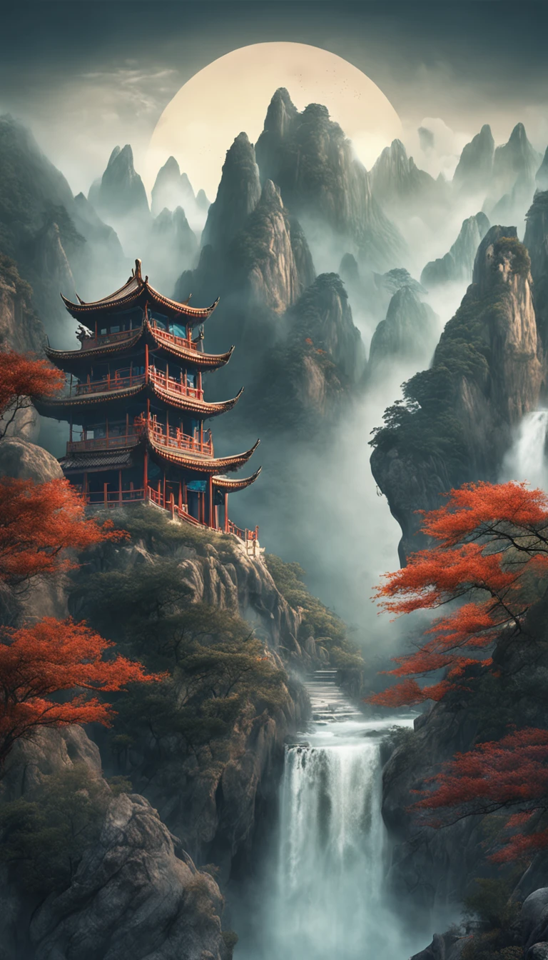 Chinese style,Chinese landscape of waterfalls, trees and bushes, Temple in the Mountains, Arched doorway, Towering mountains, Clouds surround, Ethereal and otherworldly atmosphere, dragoncore， CG, overcast day, Deep indigo and gray