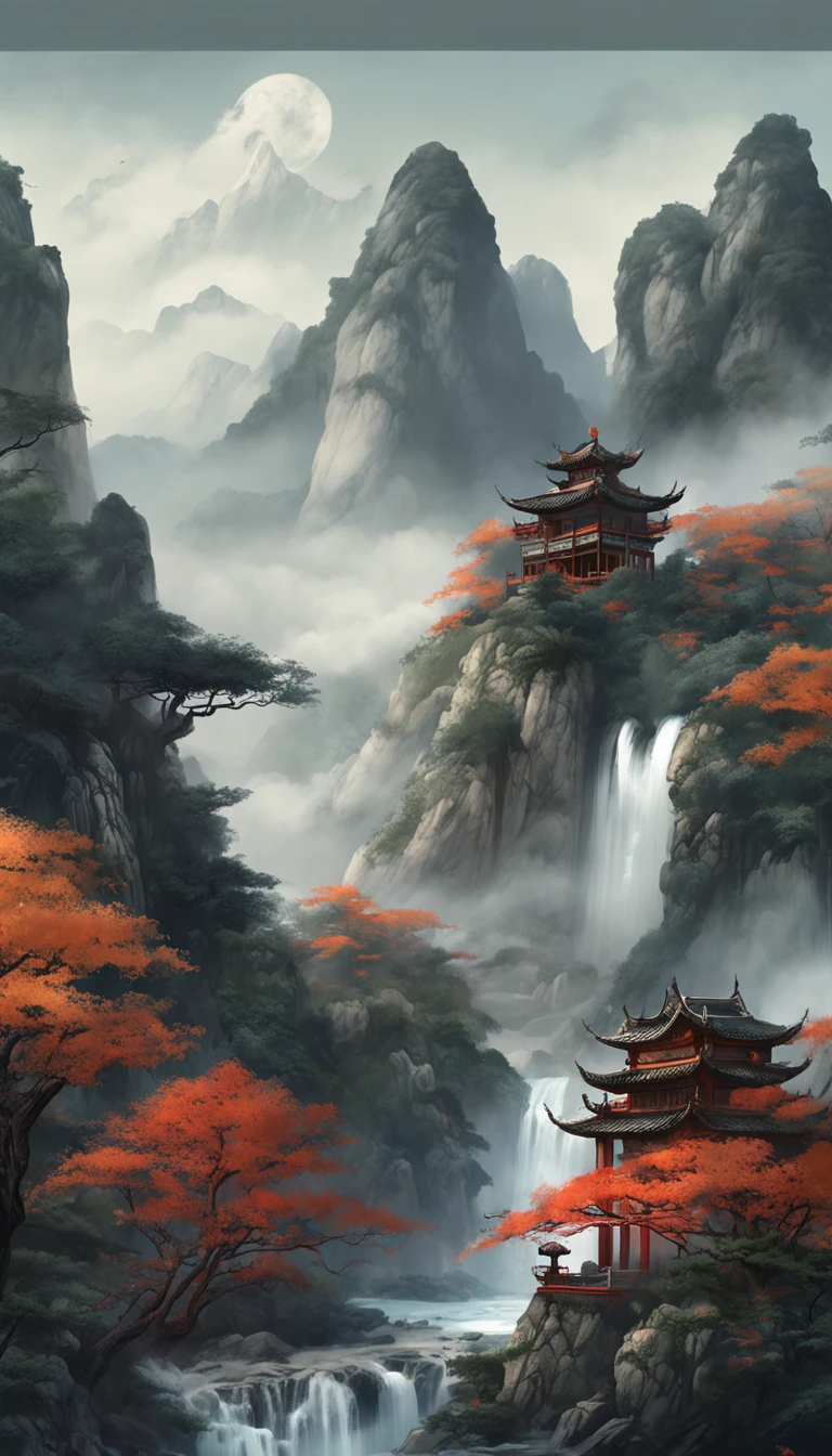 Chinese style,Chinese landscape of waterfalls, trees and bushes, Temple in the Mountains, Arched doorway, Towering mountains, Clouds surround, Ethereal and otherworldly atmosphere, dragoncore， CG, overcast day, Deep indigo and gray