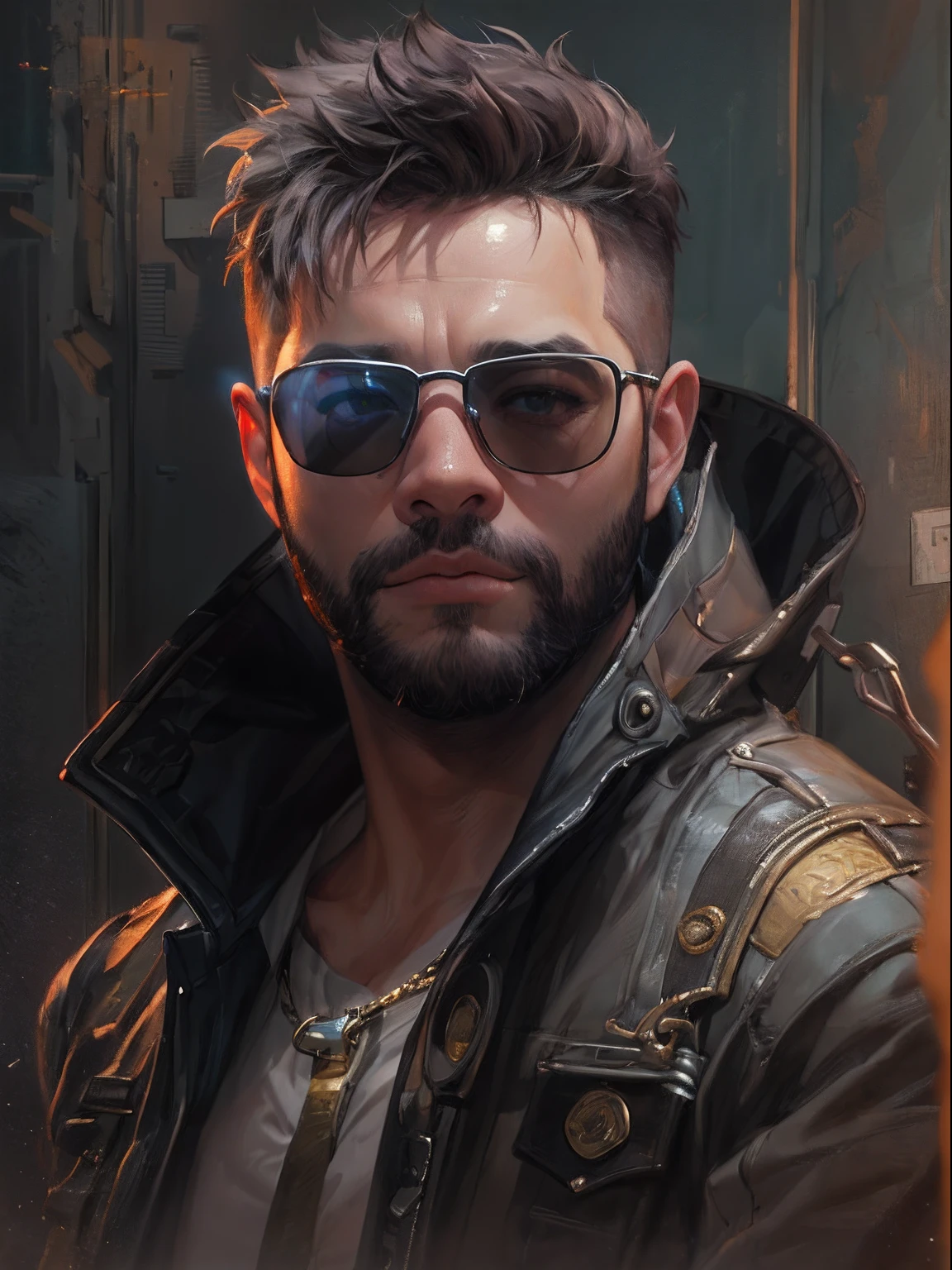 ((PivaArts SD1.5)) obra-prima, melhor qualidade, Foto RAW, 32k, uma pintura de um homem, Beard and glasses with spiked head and jacket, Estilo Craig Mullins, craig mullins dappled lighting, Craig Mullins Greg Rutkowski, inspirado em Craig Mullins, Directed by: Craig Mullins, Craig Mullins Nekro, Craig Mullins Chave Escura, James Gurney Estilo de pintura, Wojtek FUS, Artgerm Craig Mullins, Craig Mullins 8k, Estilo Sigma 150mm, F/3.5.