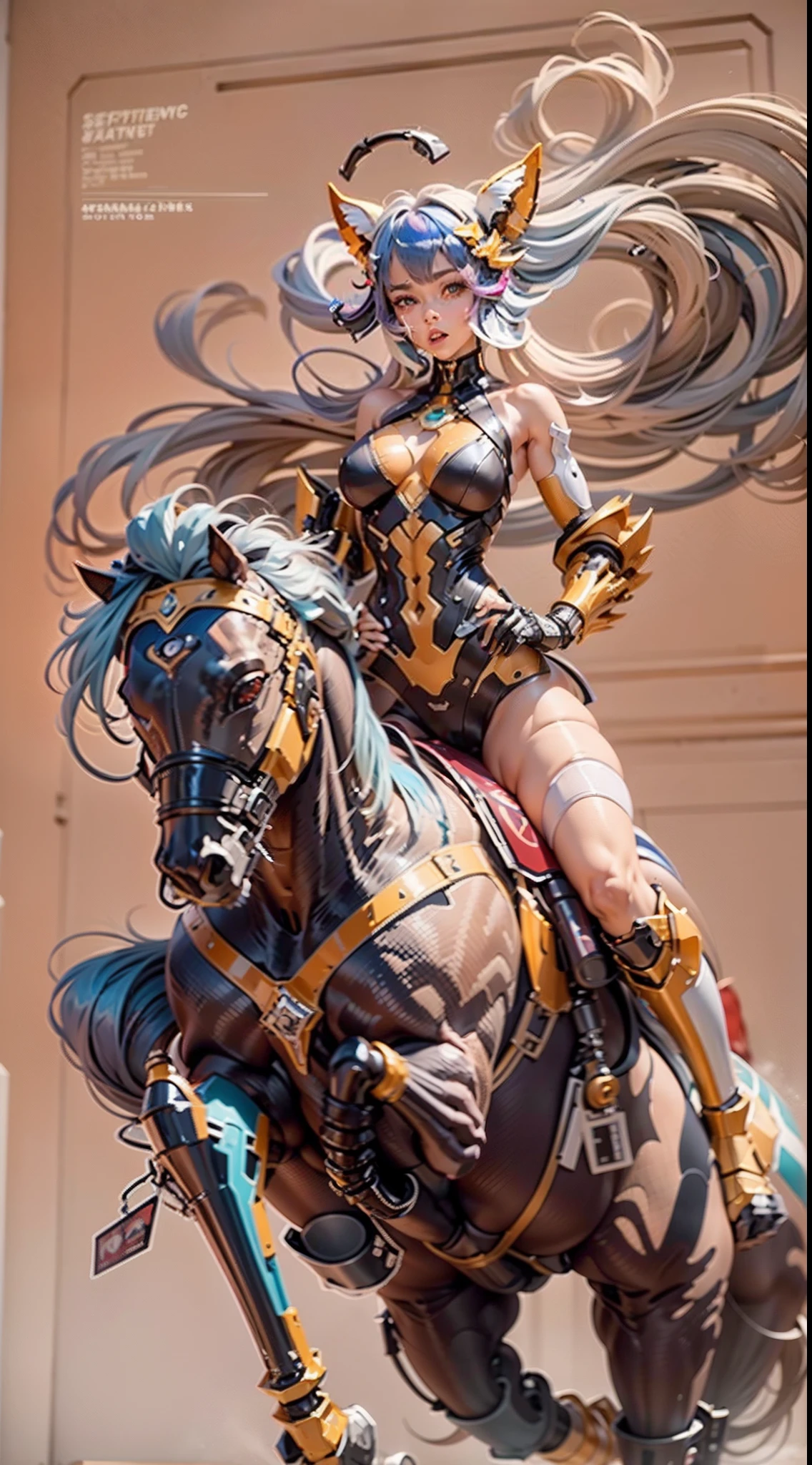 （A female centaur：1.5），She is both（Female: Centaur, half human, half horse, half horse, half horse：1.5），It is also a female Yingzhao。She blends both images，The first is：（（The head of the horse/neck/Shoulder these parts，Replaced with a beautiful female human upper body）：9.9），'s（Female, half-centaur, half-human, half-horse, half-human：1.5），The second is：（（The head of the horse/neck/lower back/hason/gluteal/Shijo Thigh Female Embodiment）：9.9），'s（Seamless chimera of a female half-horse with a beauty：9.9），（It's like a chimera of a female human and a half-horse costume：9.9），This chimerism is based on a strong future（Technologie：1.5）above。The ultra-wide-angle lens captures the image of her beautiful and ethereal wings on the ionosphere launching a super-high-speed charge and leaping。Her front half is distinctly feminine，Tall sexy body，possessed（K cup giant coconut tit chest：9.9），Has（Narrowed small brute waist 5.5）、Butterfly cross、（Long legs：9.9），The embedded interface of the bent female metamorphosis part of the back half of the body is at the hip position of the front half of the body。（The horse-shaped, half-horse torso form of her back body is completely female humanization9.9）。Translucent fluid flowing from the（Narrowed sternum 5.5）The upper end begins to embed the chest cavity of a woman in the shape of a bent dog style at the back of the beautiful woman's body/lower back/Ventral transverse。Then there are the sexy beauty's upright hips，（Her entire body has been completely female and replaced by a female body：9.9），Including the half-horse part。Mechanized armor covers the legs with knee-shaped anti-joints and feet，And these parts are highly anthropomorphic，This makes her legs graceful and slender，Her four horse legs exploded in length proportions and was slender and toned，Under the legs are skinny white feet dressed in Skyscraper Heels，Use Midjourney's advanced stroke tools and color palettes, as well as texture packs, model packs, and texture tools，Concentration，Include