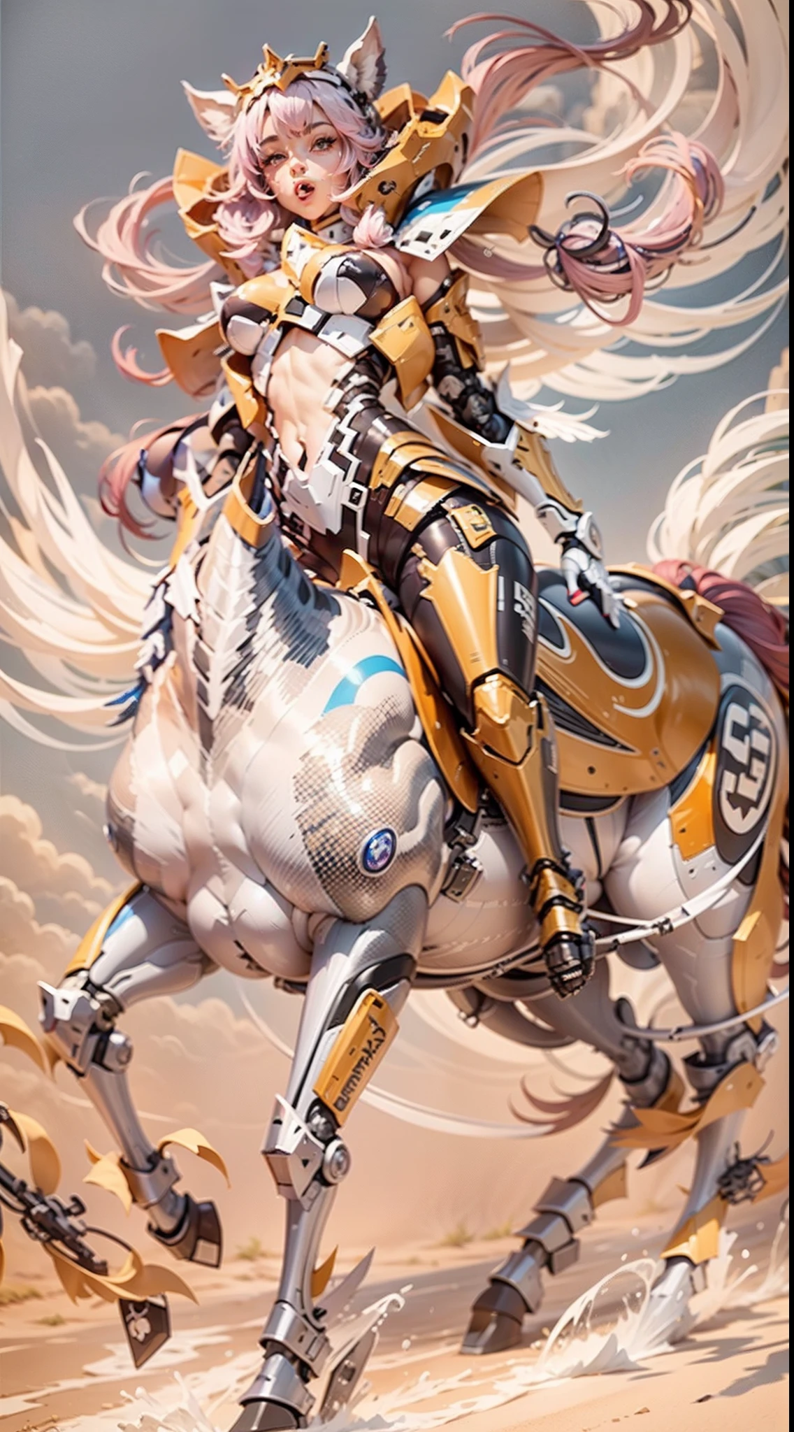 （A female centaur：1.5），She is both（Female: Centaur, half human, half horse, half horse, half horse：1.5），It is also a female Yingzhao。She blends both images，The first is：（（The head of the horse/neck/Shoulder these parts，Replaced with a beautiful female human upper body）：9.9），'s（Female, half-centaur, half-human, half-horse, half-human：1.5），The second is：（（The head of the horse/neck/lower back/hason/gluteal/Shijo Thigh Female Embodiment）：9.9），'s（Seamless chimera of a female half-horse with a beauty：9.9），（It's like a chimera of a female human and a half-horse costume：9.9），This chimerism is based on a strong future（Technologie：1.5）above。The ultra-wide-angle lens captures the image of her beautiful and ethereal wings on the ionosphere launching a super-high-speed charge and leaping。Her front half is distinctly feminine，Tall sexy body，possessed（K cup giant coconut tit chest：9.9），Has（Narrowed small brute waist 5.5）、Butterfly cross、（Long legs：9.9），The embedded interface of the bent female metamorphosis part of the back half of the body is at the hip position of the front half of the body。（The horse-shaped, half-horse torso form of her back body is completely female humanization9.9）。Translucent fluid flowing from the（Narrowed sternum 5.5）The upper end begins to embed the chest cavity of a woman in the shape of a bent dog style at the back of the beautiful woman's body/lower back/Ventral transverse。Then there are the sexy beauty's upright hips，（Her entire body has been completely female and replaced by a female body：9.9），Including the half-horse part。Mechanized armor covers the legs with knee-shaped anti-joints and feet，And these parts are highly anthropomorphic，This makes her legs graceful and slender，Her four horse legs exploded in length proportions and was slender and toned，Under the legs are skinny white feet dressed in Skyscraper Heels，Use Midjourney's advanced stroke tools and color palettes, as well as texture packs, model packs, and texture tools，Concentration，Include
