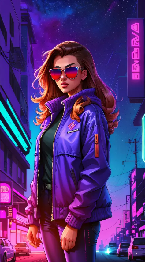 araffe woman with sunglasses and a purple jacket standing in the street, alena aenami and android jones, jen bartel, masterpiece epic retrowave art, synthwave art, synthwave art style, synthwave inspired, alena aenami and artgerm, stunning digital illustra...