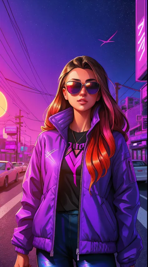 araffe woman with sunglasses and a purple jacket standing in the street, alena aenami and android jones, jen bartel, masterpiece epic retrowave art, synthwave art, synthwave art style, synthwave inspired, alena aenami and artgerm, stunning digital illustra...