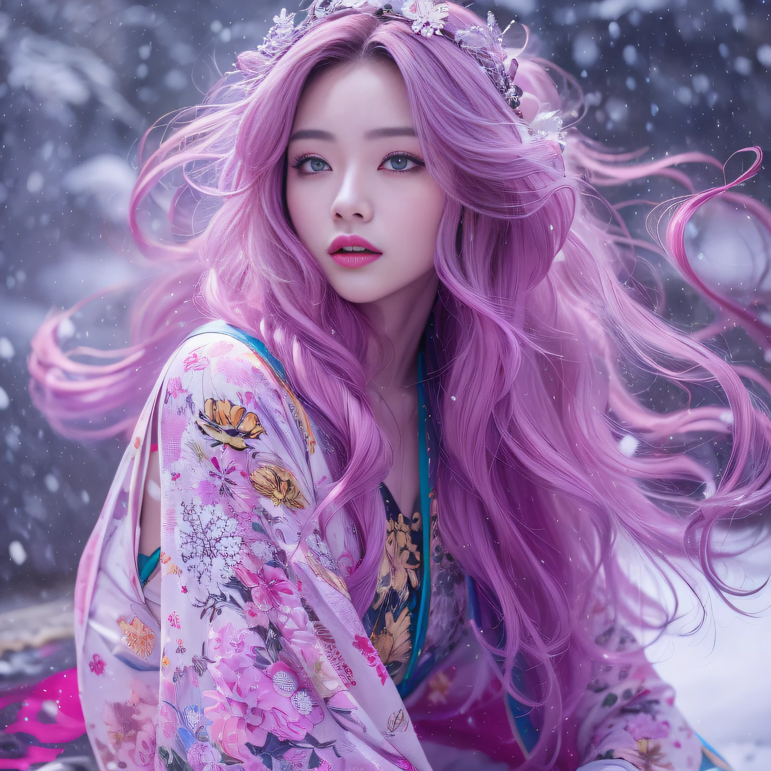 Snow hoop exclusion area 32K（tmasterpiece，k hd，hyper HD，32K）Long flowing purple-pink hair，Autumn Pond，zydink， a color， Tongzhou people （Girl with glowing eyes）， （Thin silk scarf）， Side squat position， looking at the ground， long whitr hair， Floating hair， Python headdress， Chinese long-sleeved clothing， （abstract ink splash：1.2）， white backgrounid，Lotus protector（realisticlying：1.4），Purple-pink hair，Snowflakes fluttering，The background is pure， A high resolution， the detail， RAW photogr， Sharp Re， Nikon D850 Film Stock Photo by Jefferies Lee 4 Kodak Portra 400 Camera F1.6 shots, Rich colors, ultra-realistic vivid textures, Dramatic lighting, Unreal Engine Art Station Trend, cinestir 800，Long flowing purple-pink hair