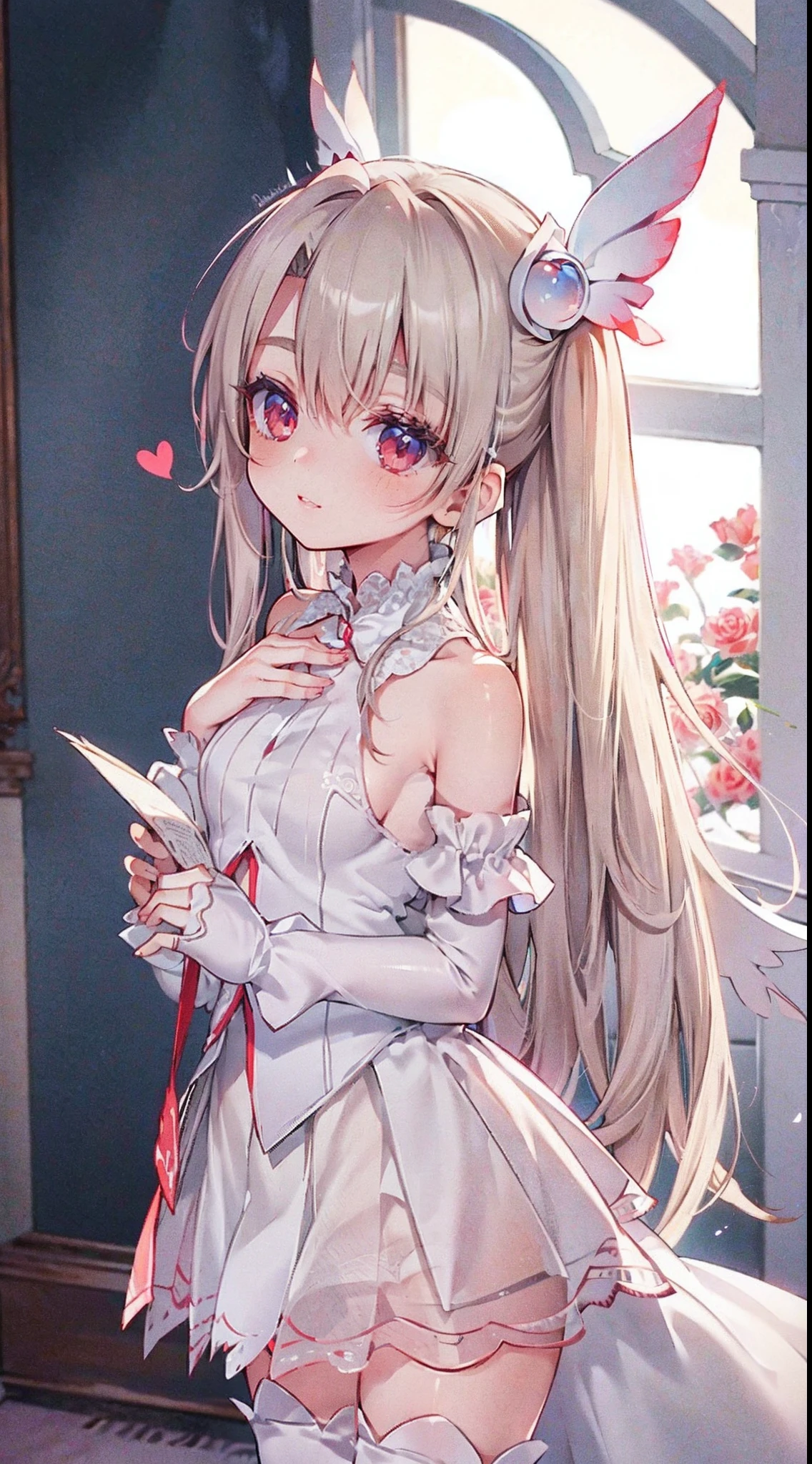 High detail, Heart-shaped pupils，white wedding gown，Love pupils，cropped shoulders，Lots of hearts，Slender maiden,highly rendered，detailed face with，white stockings，hason，