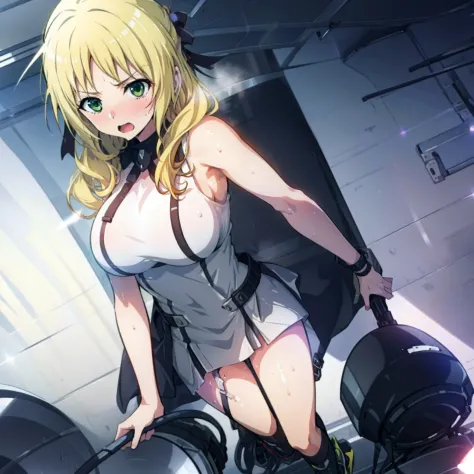 riding machine, 1girl, solo, breasts, sweat, tears, steaming body,blonde,green eyes