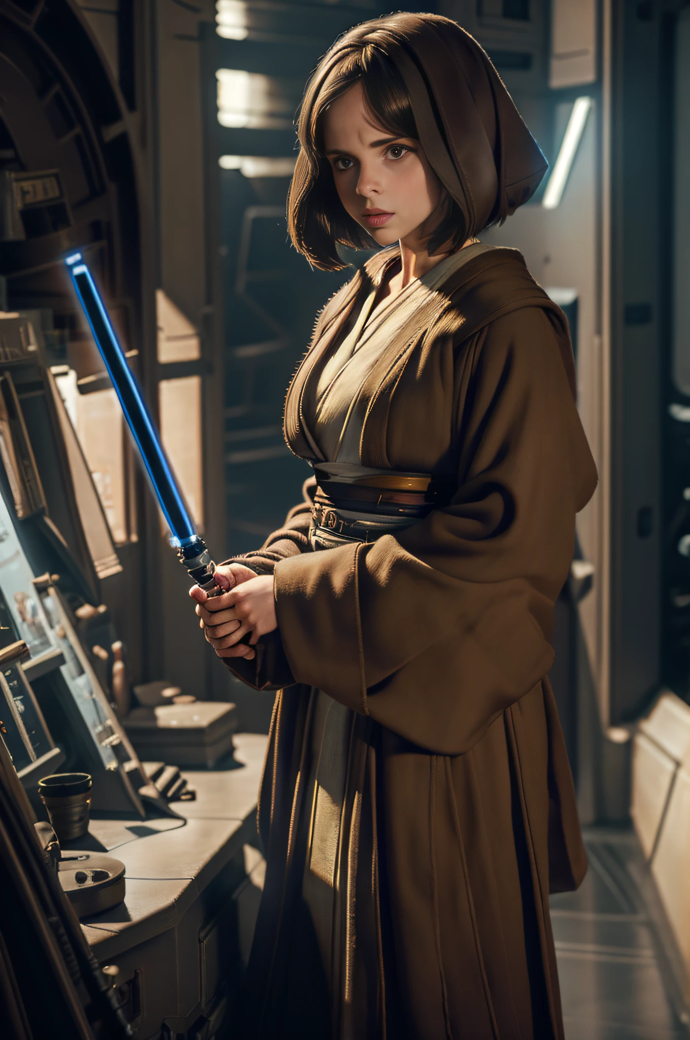 Portrait détaillé de Felicity Jones en Jedi, avec un sabre laser, tout le corps, Greg Rutkowski, stations artistiques, fantaisie, style réaliste