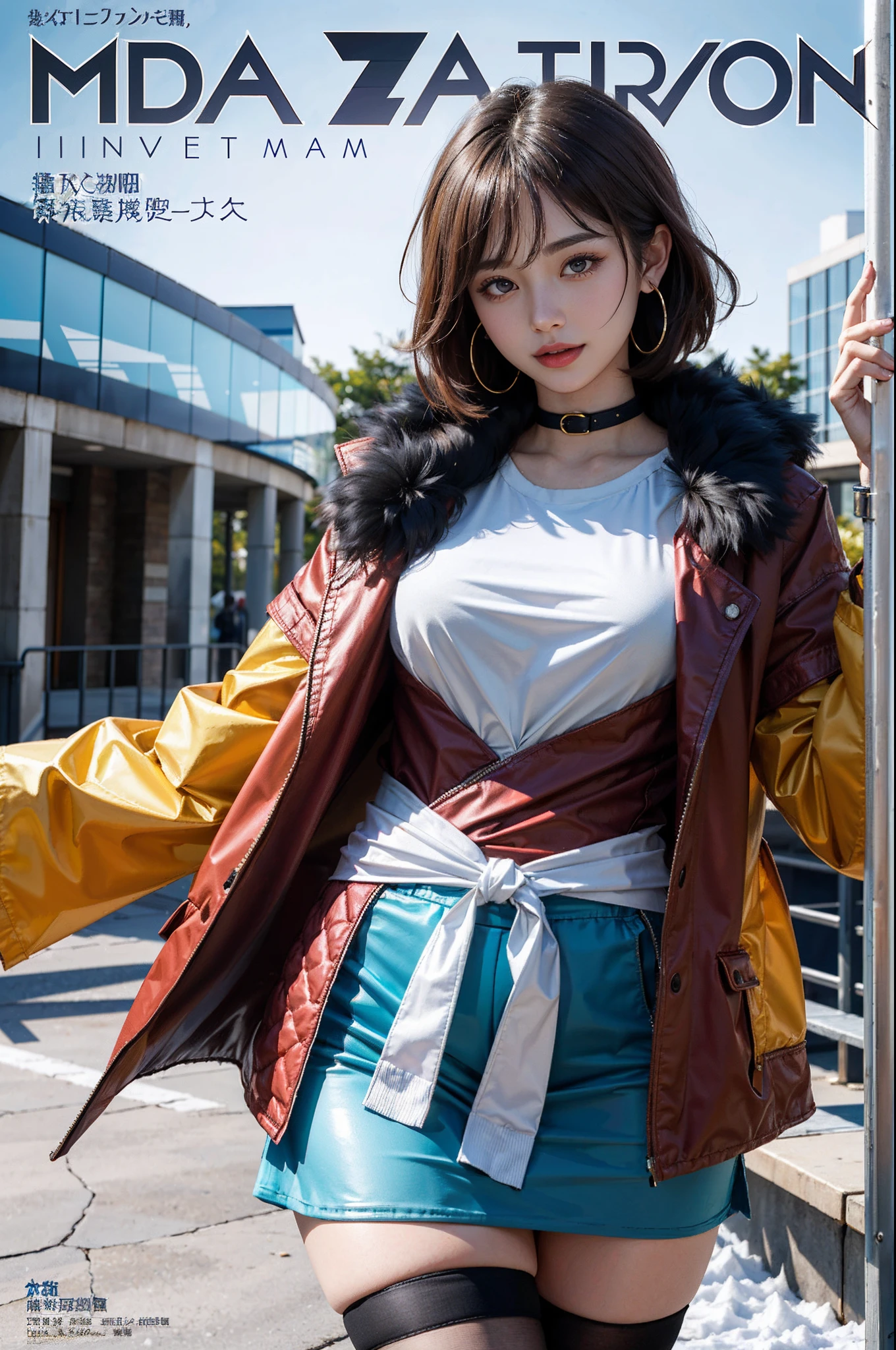 ​masterpiece, top-quality, full body Esbian, 1girl in, bangss,  A darK-haired,, red blush, A bracelet, breastsout, Clothing around the waist, clavicle, shirt with collar, cowboy  shot, ear piercings, eyebrows visible through hair, gradation hair, Grinning, gals, jewely, kogal, length hair, looking at the viewers, piercings, Plaid, Down jacket,muffler, long boots,Sweaters,Stockings,red eyes, the ring, The shirt, Fashionable idol costumes, A smile, solo, a street, Skysky, pool, Winter flowers,Snow Dharma,yuki, (MagazineCover:1.3), (cover-style:1.3), Fashionable, FEMALES, with a vibrant, outfits, the pose, the front, Colorful, Dynamic, Background with, element, self-assured, expression, fail, statement, accessorized, An majestic, coil, surroundings, Touch, The scene, texto, covers, It's bold, captures the attention, Titles, Stylish, Font, It's catchy, headline, The large, Impressive, moderno, Trendy, Focus, lo fashion,