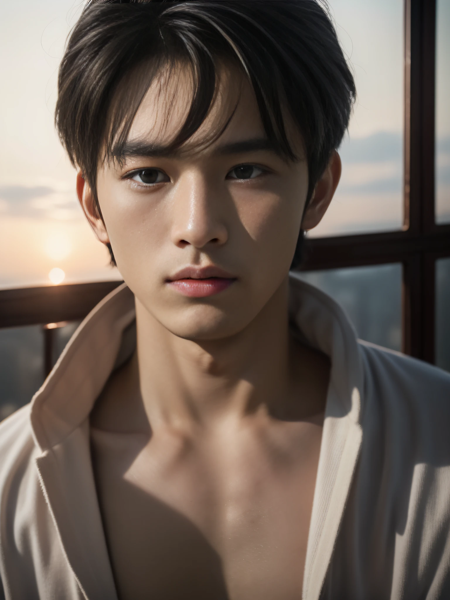 (10, RAW photo, top-quality),Realistic,1 Korean Man,22 years old，frontal，intricate detailed,gag,look away,male focus,bara,Morning sky,gentle lighting,Cinematic lighting,portrait,With love,