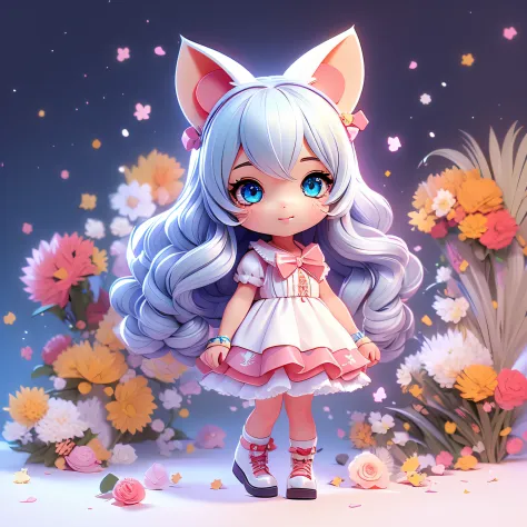 1girl, animal ears, tail, chibi, white hair, cat ears, solo, cat tail, long hair, hair ornament, cat girl, virtual youtuber, dre...