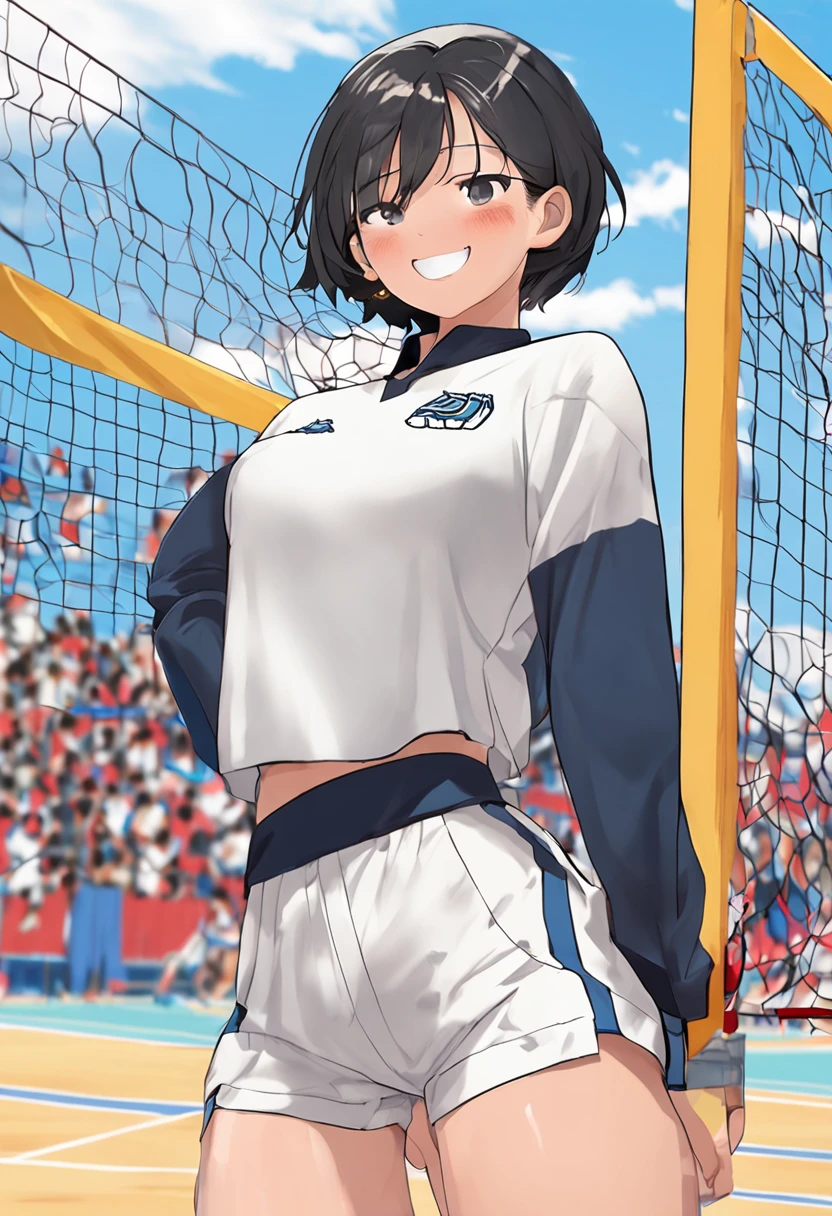 A woman in a white shirt and shorts standing in front of a net - SeaArt AI