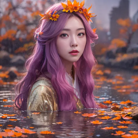 Exclusion Zone 32K（tmasterpiece，k hd，hyper HD，32K）Long flowing light orange hair，Autumn Pond，zydink， a color， Tongzhou people （G...