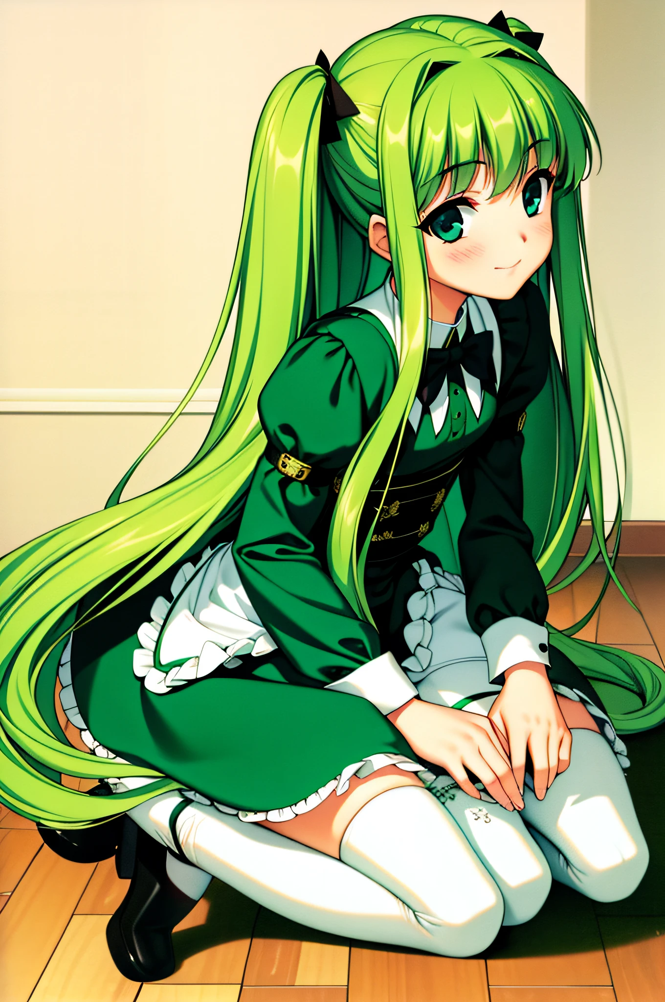 quadratic element，teens girl，Cat lady，green long hair，the maid outfit，Kneeling white stockings，ssmile