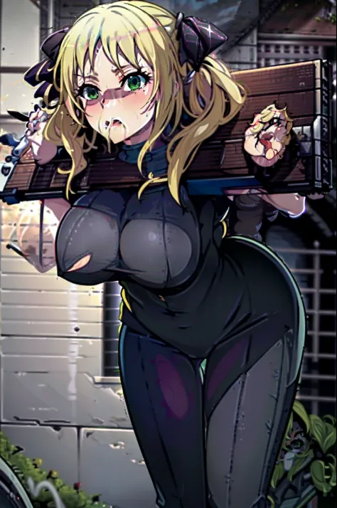 (masterpiece), (best quality), (pixiv), pillory, bent over, stationary restraints, huge breasts, curvy,green eyes, cumdrip, (extremely detailed CG unity 8k wallpaper), intricate, detailed face, detailed eyes, best lighting, outdoors, (torn clothes:1.1), ye...