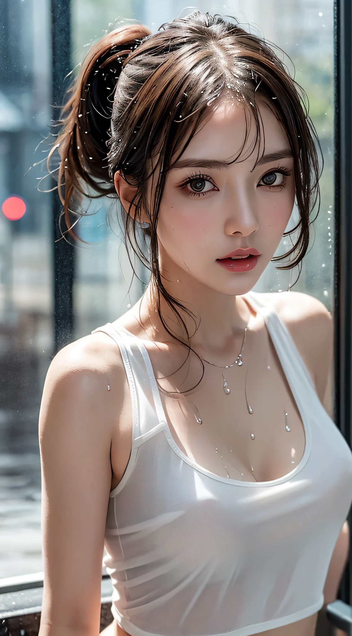 (Best quality, 4k, Masterpiece :1.3), pretty woman, 1girl, sexy :1.1, dark brown hair: 1.1, (rainy wet, wet from rain, wet body :1.2), white tank tops, ultra-detailed face, detailed lips, detailed eyes, double eyelid