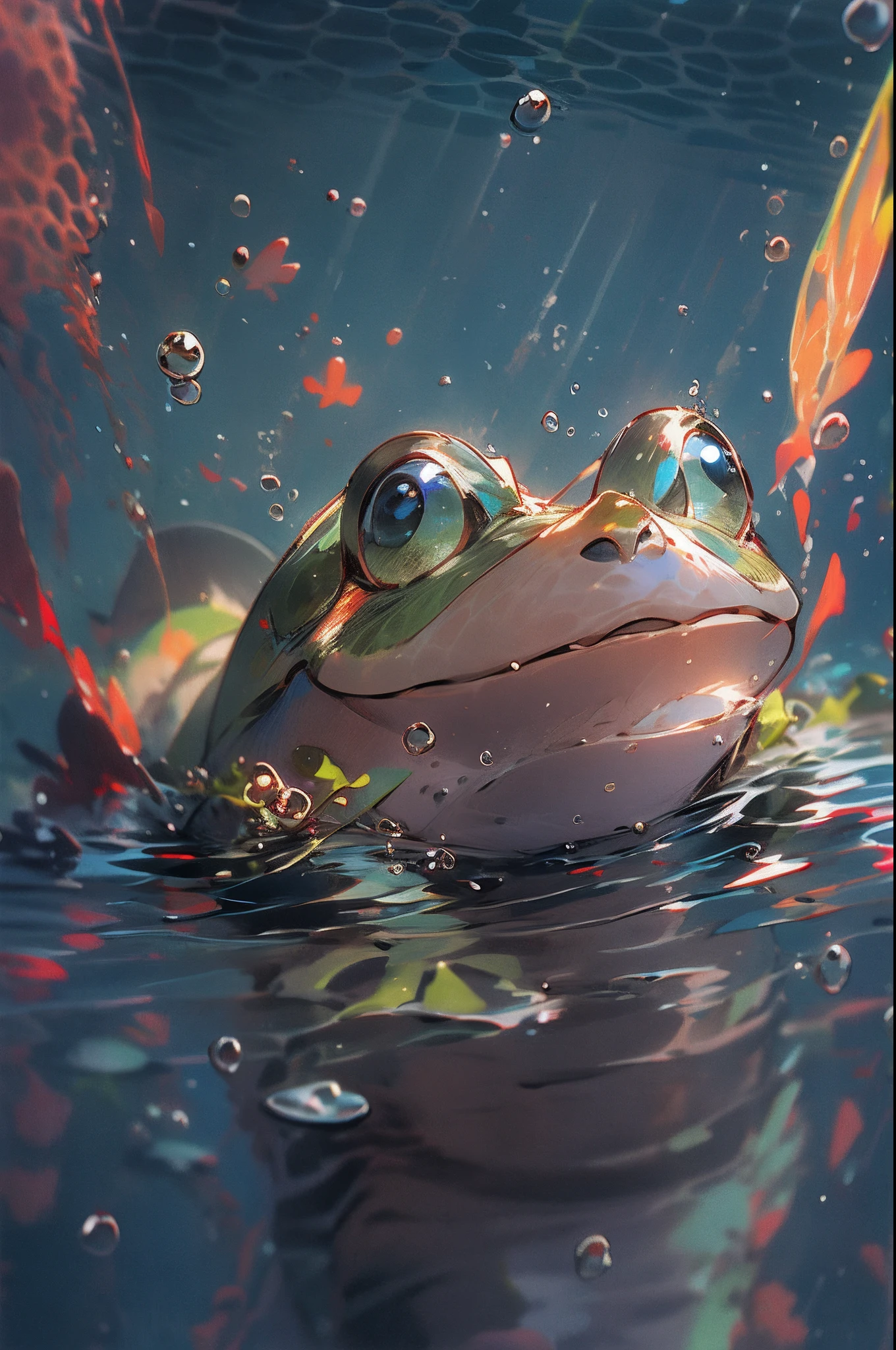 1隻可愛的青蛙, 臉部特寫, 肖像, 毛茸茸的, 無人, 在水裡, 海底, 游泳, 水泡, 氣泡, 更多細節, 飽和的顏色, 可愛的微笑, 最好的品質, 8K, 高飽和度