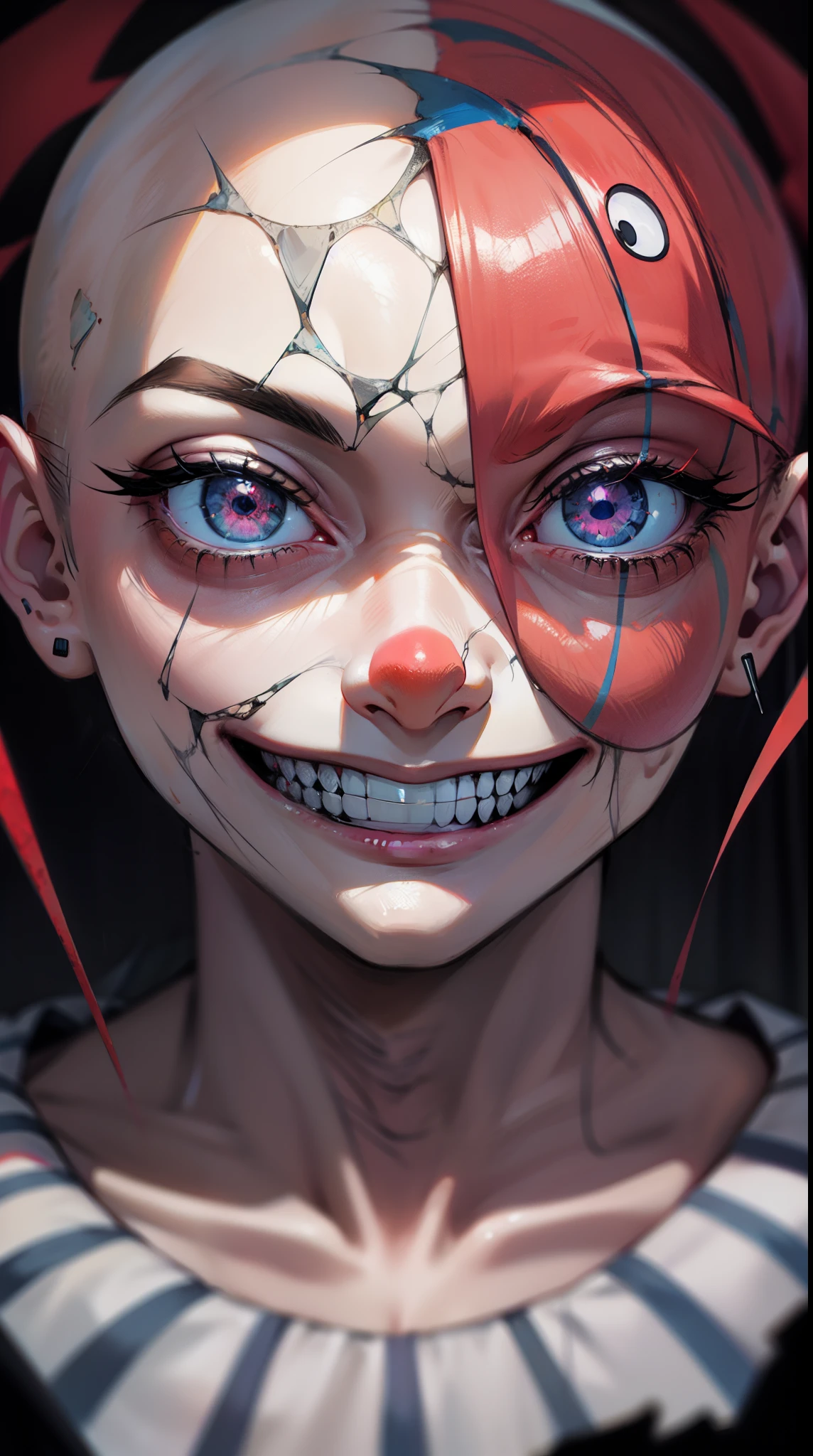 ((masterpiece)), best quality, 8k, high quality, high resolution, super detailed, ultra detailed, photorealistic, beautiful and finely detailed face and eyes, ultra detailed and detailed skin texture, expressive eyes, perfect face, 1 girl, bald head, (pale bald head), red and white face paint, tattered dress, twisted hands, (balloons), cracked clown mask, lurking in a carnival tent, haunting expression, ((maniacal grin)), night, abandoned carnival, broken rides, shattered mirrors, (creepy music), (thunderstorm), since decades, Pennywise, haunting eyes, nightmare circus background.