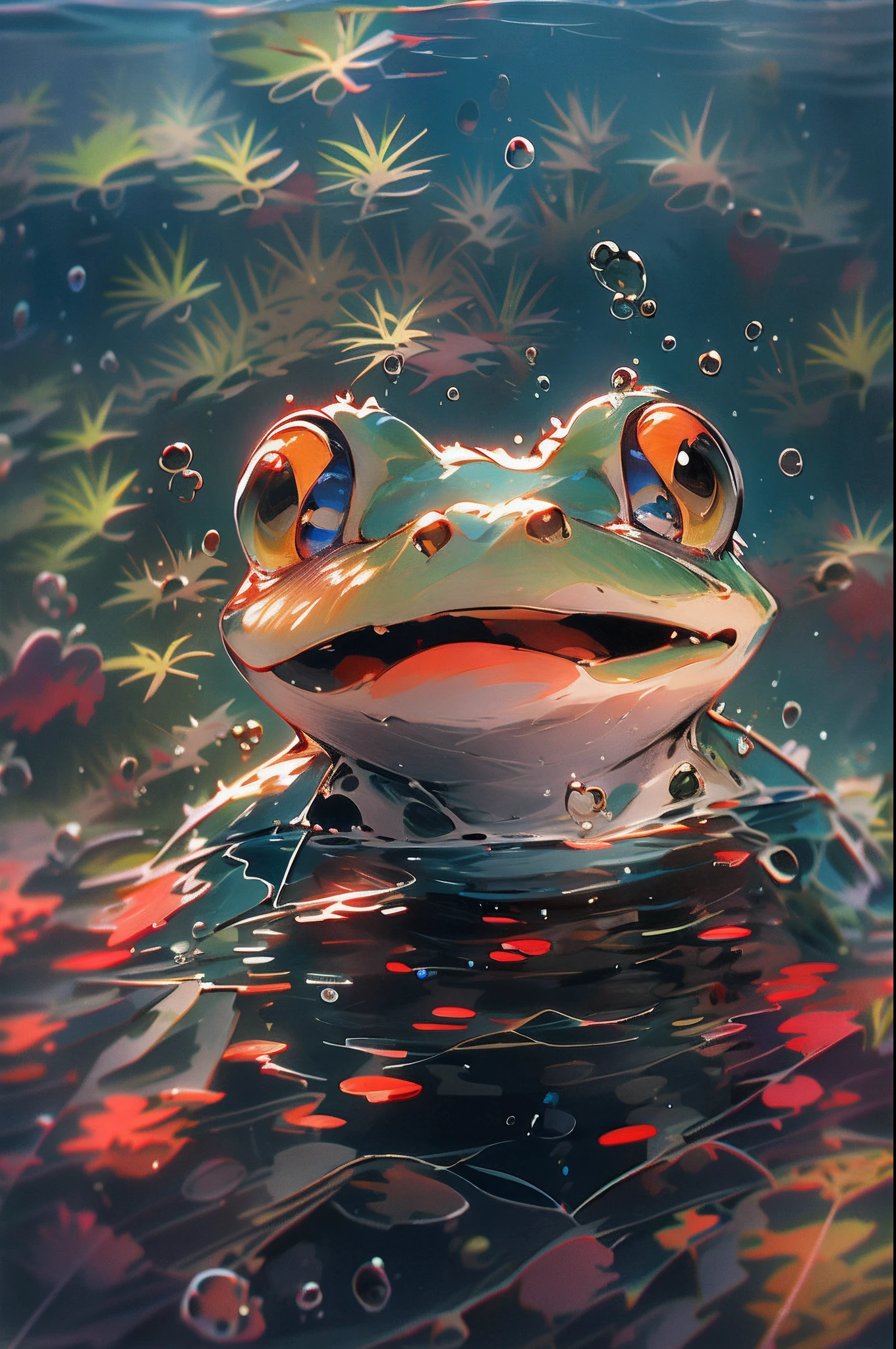 1 grenouille mignonne, visage en gros plan, portrait, velu, Personne, dans l&#39;eau, fond de l&#39;océan, Natation, ampoules, Bulles, plus de détails, couleurs saturées, mignon souriant, Meilleure qualité, 8k, saturation élevée