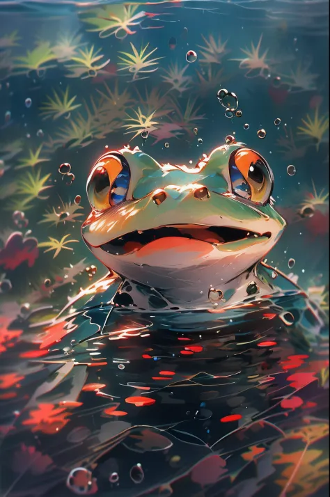 1 cute frog, close-up face, Portrait, Furry, No Man, In water, ocean floor, Swimming, Blisters, Buble, More details, Saturated c...