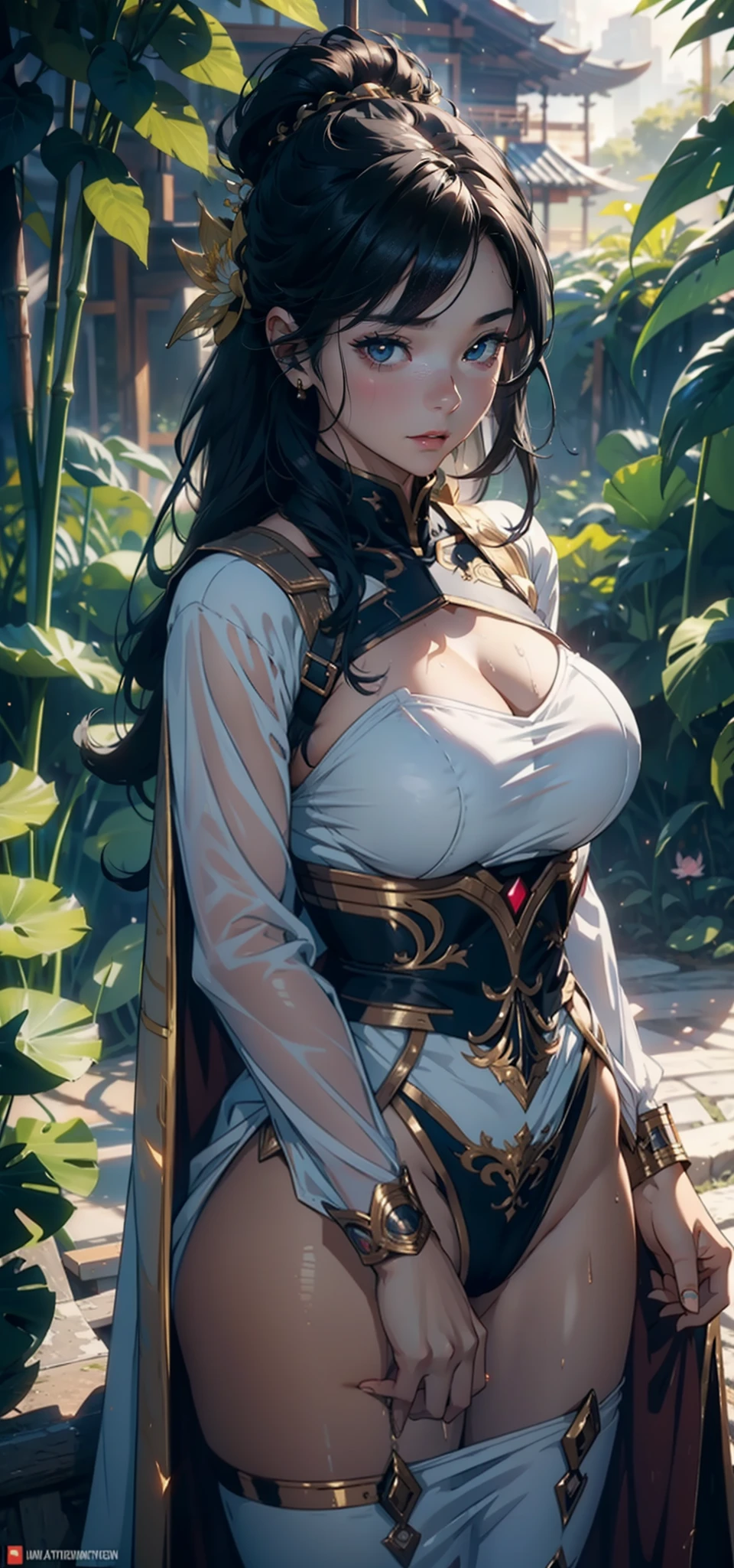 1female，32years old，huge-breasted ，Pornographic exposure， solo，（Background with：bamboo forrest，lotuses，lotus flower，exteriors，） She has short black hair，bobo head，Sweat profusely，drenched all over the body，seen from the front， hair straight， mostly cloudy sky，（（（tmasterpiece），（Very detailed CG unity 8K wallpaper），best qualtiy，cinmatic lighting，detailed back ground，beatiful detailed eyes，Bright pupils，Black eyes，（Very fine and beautiful），（Beautiful and detailed eye description），ultra - detailed，tmasterpiece，）），facing at camera，A high resolution，ultra - detailed），，revealing breasts，Bare genitals，  Bulge，legs are open，Raised sexy，Camel toes，Flushed complexion，Open-mouthed，frontage，White floral headband，Gold Saint Seiya，Supergirl，elementary student（Wearing：cloak，Black transparent apron，Filigree embroidery，fullnude，Armour，with no underpants，Iron Man uniform，cyber punk style）