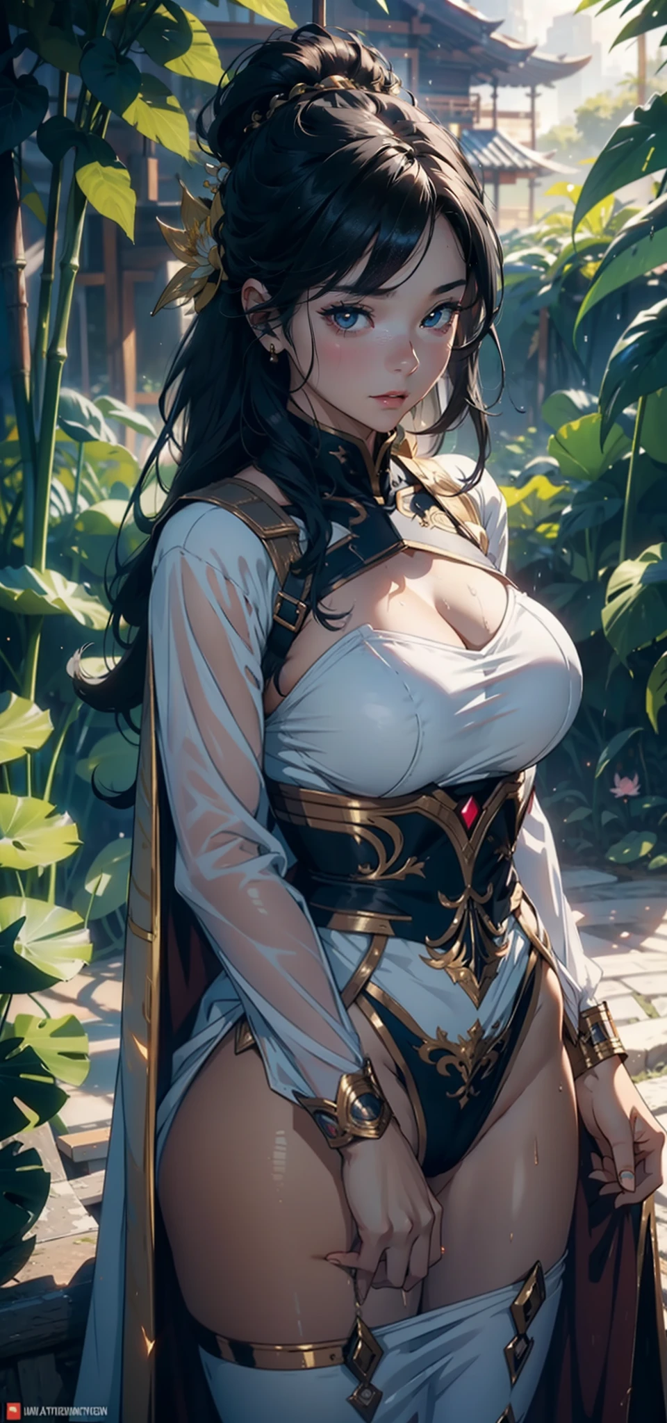 1female，32years old，huge-breasted ，Pornographic exposure， 独奏，（Background with：bamboo forrest，lotuses，lotus flower，exteriors，） She has short black hair，bobo head，Sweat profusely，drenched all over the body，seen from the front， hair straight， mostly cloudy sky，（（（tmasterpiece），（Very detailed CG unity 8K wallpaper），best qualtiy，cinmatic lighting，detailed back ground，beatiful detailed eyes，Bright pupils，Black eyes，（Very fine and beautiful），（Beautiful and detailed eye description），ultra - detailed，tmasterpiece，）），facing at camera，A high resolution，ultra - detailed），，revealing breasts，Bare genitalia，  Bulge，legs are open，Raised sexy，Camel toes，Flushed complexion，Open-mouthed，frontage，White floral headband，Gold Saint Seiya，Supergirl，elementary student（Wearing：Cloak，Black transparent apron，Filigree embroidery，fullnude，Armour，with no underpants，Iron Man uniform，cyber punk style）