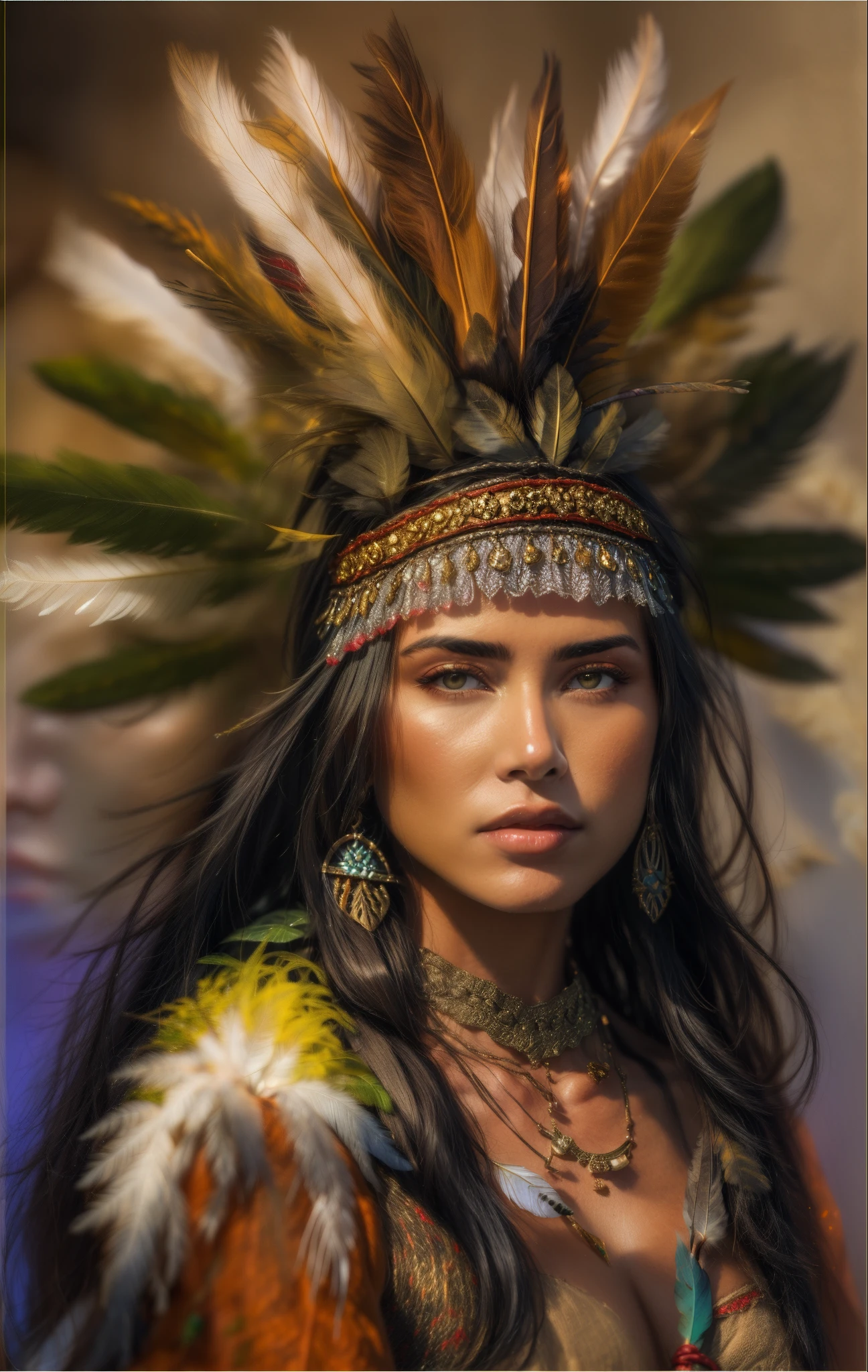 Mulher Arafed com penas e penas na cabeça, Linda jovem xamã, ela está vestida com roupas de xamã, uma jovem xamã, retrato de princesa asteca, : Fantasia Shamen Nativa Americana, Retrato de uma jovem Pocahontas, corpo musculoso vestindo coroa de penas brilhantes,  com penas, Retrato de Pocahontas, Nativo americano, iluminação dramática